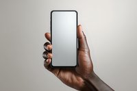 African American hand holding modern smartphone with blank white screen against neutral background for app presentation and mobile technology mockup.