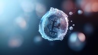 Frozen bitcoin symbol surrounded by ice crystals and water drops against blurred blue and pink bokeh background, cryptocurrency winter concept.