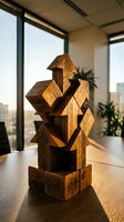 Abstract wooden sculpture with geometric blocks stacked in modern office interior with natural lighting and city view background for contemporary decor.