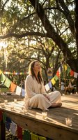 Peaceful woman meditating outdoors surrounded by colorful prayer flags and candles during golden hour sunset creating serene spiritual atmosphere.