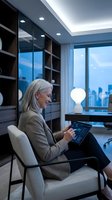 Senior woman with white hair, Caucasian ethnicity, wearing business casual attire, using tablet in modern high-rise office with floor-to-ceiling windows overlooking city skyline, contemporary furniture and ambient lighting.