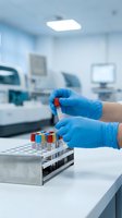 Medical laboratory technician hands in blue gloves holding blood sample test tube in modern clinical lab for healthcare diagnostics and research analysis.