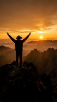 Silhouette of a hiker with arms raised on a mountain peak at golden sunset, clouds below, dramatic sky, freedom and achievement concept.