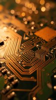 Close-up macro shot of green circuit board with golden copper traces and electronic components, warm bokeh lights creating tech atmosphere for digital concepts.