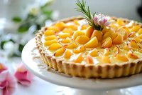 Fresh peach tart with golden fruit slices arranged in concentric circles on creamy filling, garnished with rosemary sprig and served on white plate.