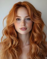 Young woman with flowing copper red wavy hair and natural makeup against light background, showcasing modern beauty and hair styling trends.