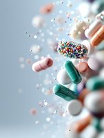 Colorful pharmaceutical pills, capsules and medicine tablets floating in air against light background, with focus on sprinkles capsule. Medical concept.