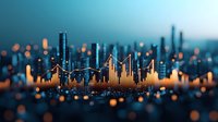 Financial chart with glowing orange graph lines showing market data analysis against blurred city skyline background with bokeh lights at dusk.