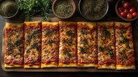 Homemade pizza slices arranged in row with melted cheese, tomato sauce, herbs and spices on wooden cutting board. Fresh ingredients in bowls create rustic composition.