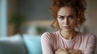 Young Caucasian woman with red curly hair showing angry frustrated expression while looking at laptop screen, wearing pink casual top in living room setting.