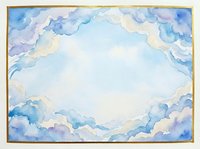 Watercolor cloud frame with soft blue and purple hues creating dreamy border for text or design elements on light background.