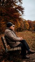 Senior Caucasian man in warm jacket and cap sitting peacefully on park bench during autumn season surrounded by colorful fall foliage and fallen leaves.