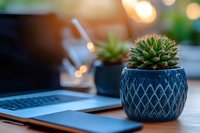 Small succulent plant in decorative blue geometric pot on wooden desk next to laptop computer in modern office workspace with warm ambient lighting.