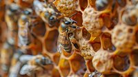 Honeybees working on honeycomb cells in beehive, collecting nectar and producing honey in natural environment with warm golden tones.