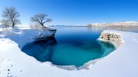 Turquoise thermal pool surrounded by snow-covered landscape with bare trees and distant mountains creates dramatic winter contrast at geothermal spring location.