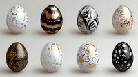 Elegant Easter eggs decorated with metallic gold, silver, and black patterns on white background. Luxury holiday collection with floral and abstract designs.