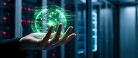 Hand holding glowing green digital globe with network connections in modern data center server room for technology and global connectivity concepts.