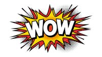 Comic book style WOW explosion burst with yellow red black halftone dots and radiating lines for pop art designs and retro graphics.