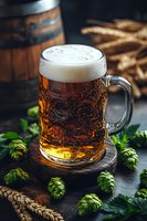 Fresh craft beer mug with foam head surrounded by green hops and wheat on rustic wooden surface with barrel background for brewery advertising.