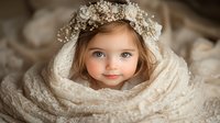 Young girl wearing floral crown and wrapped in soft cream lace fabric smiling at camera with bright blue eyes and gentle expression in dreamy portrait setting.