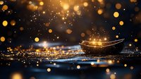 Magical glowing boat floating on dark water with golden bokeh lights and sparkles, creating dreamy atmospheric scene for fantasy or spiritual designs.