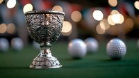 Ornate silver trophy cup on green felt with golf balls and bokeh lights in background, showcasing sports achievement and luxury competition atmosphere.