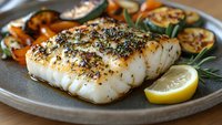Herb-crusted white fish fillet with roasted vegetables and lemon on ceramic plate. Healthy gourmet seafood dinner with colorful side dishes for restaurant menu.