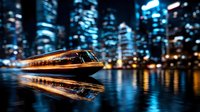 Luxury yacht sailing through illuminated city harbor at night with glowing skyscrapers and water reflections creating urban maritime elegance scene.