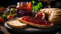 Fresh bread slices with homemade berry jam spread, served on dark plate with pomegranate and cherry tomatoes, rustic breakfast setting in moody lighting.