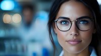 Young Asian woman wearing stylish glasses smiling confidently in modern office environment with soft blue bokeh background lighting effect.