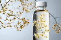 Delicate yellow flowers reflected and magnified through glass water bottle creating artistic botanical composition against light background.