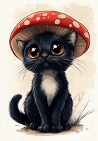 Black kitten with white chest wearing red and white spotted mushroom cap, featuring large brown eyes and long whiskers on beige background.