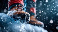 Hiking boot with ice and snow on frozen surface during winter storm, dramatic close-up with bokeh snowfall effect in dark blue atmosphere.