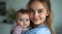 Young mother with blonde hair holding baby girl in pink outfit, intimate close-up portrait showing tender emotional connection and maternal love against blurred home interior background.