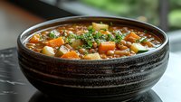 Hearty vegetable soup with carrots, potatoes and herbs in rustic ceramic bowl, perfect for comfort food photography and culinary content.