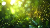 Abstract molecular structure with glowing connections on natural green bokeh background, scientific concept visualization for biotechnology and chemistry.