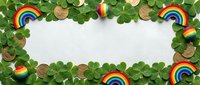 St. Patrick's Day frame with green shamrock clover leaves, gold coins and rainbow decorations on white background for Irish holiday celebration design.