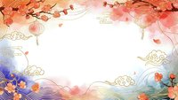 Asian autumn frame with red maple leaves, traditional lanterns and golden clouds on gradient background for seasonal design projects.