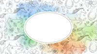Colorful watercolor unicorn pattern with blank oval frame for text, magical fantasy design with flowers and horseshoes on white background.
