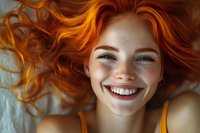 Young woman with vibrant red curly hair and freckles smiling genuinely while lying down, wearing yellow top. Natural daylight creates warm, intimate mood.
