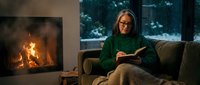 Senior woman with glasses reading book by fireplace in cozy winter evening at home. Relaxing indoor lifestyle scene with warm lighting and snowy window view.