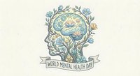 Mental health awareness concept with human head profile filled with decorative floral brain pattern and banner for wellness campaigns and healthcare materials.