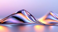 Smooth metallic liquid surface with vibrant purple and orange gradient reflections creating abstract mountain-like shapes against soft pastel background.