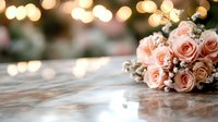 Elegant pink rose bridal bouquet on marble surface with warm bokeh lights creating romantic wedding atmosphere for celebration and special events.