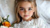Young girl with blonde hair wearing white lace dress, natural makeup and gentle smile, lying on white bedding with fresh flowers, soft dreamy portrait in natural light.