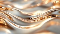Luxurious rose gold and silver metallic waves create elegant flowing curves with soft bokeh highlights against blurred background, abstract luxury design pattern.