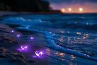 Magical purple glowing hearts scattered on ocean beach shore at twilight with soft waves and warm bokeh lights creating romantic atmosphere.