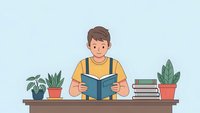 Young man reading book at desk with plants and stack of books for education and learning concepts.