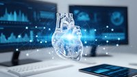 Digital holographic human heart model floating above modern medical workspace with glowing blue data connections and monitoring screens for cardiology research.