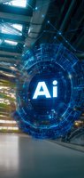 Glowing AI symbol surrounded by futuristic circular interface with digital connections and nodes in blue tones against blurred industrial background.